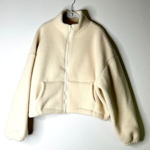 Fleece Cropped Jacket Women XL Beige Off White Kangaroo Pocket Zip Front NWOT